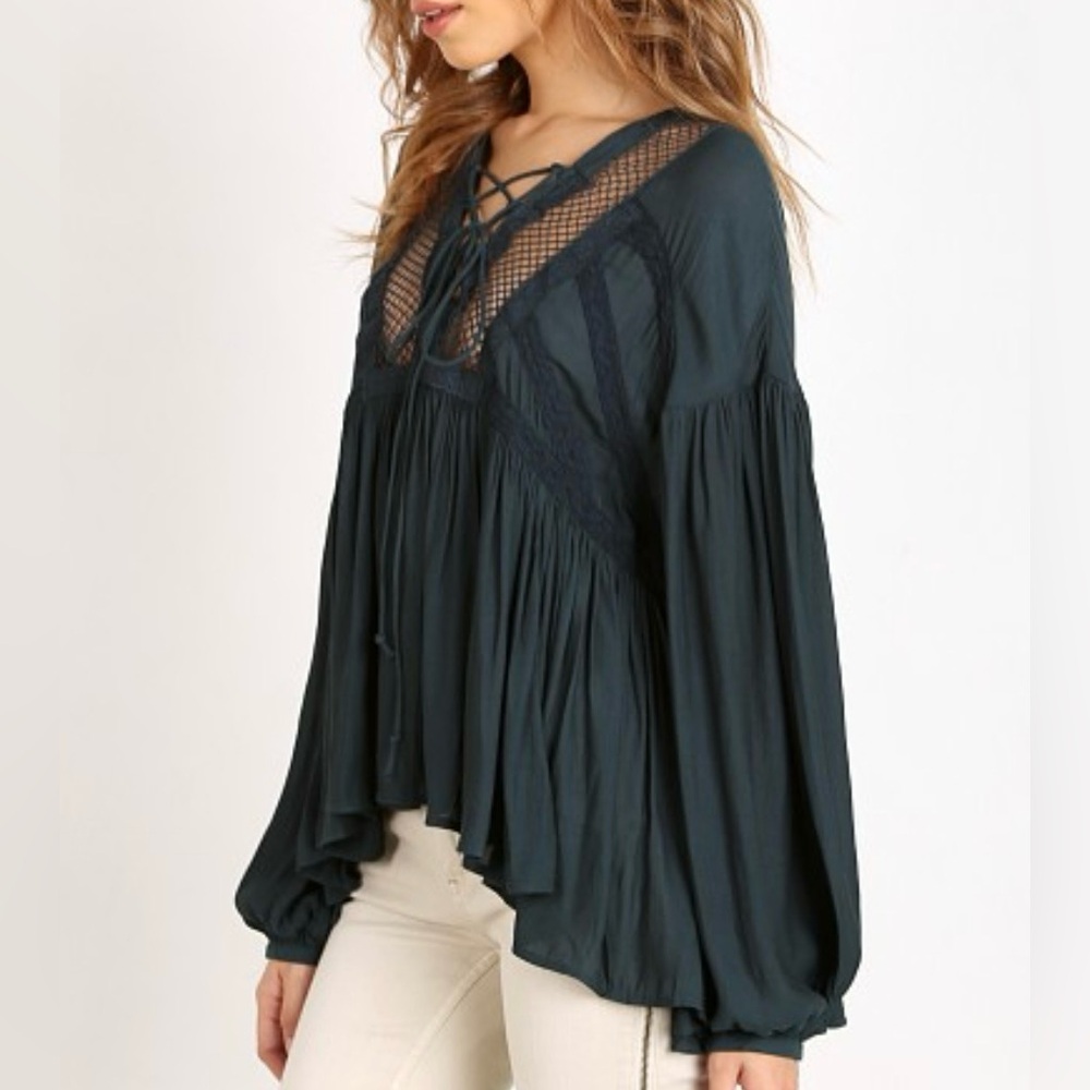 Free People Don’t Let Go Black Peasant Pebbled Lace Up Boho Flowy Top Sz XS